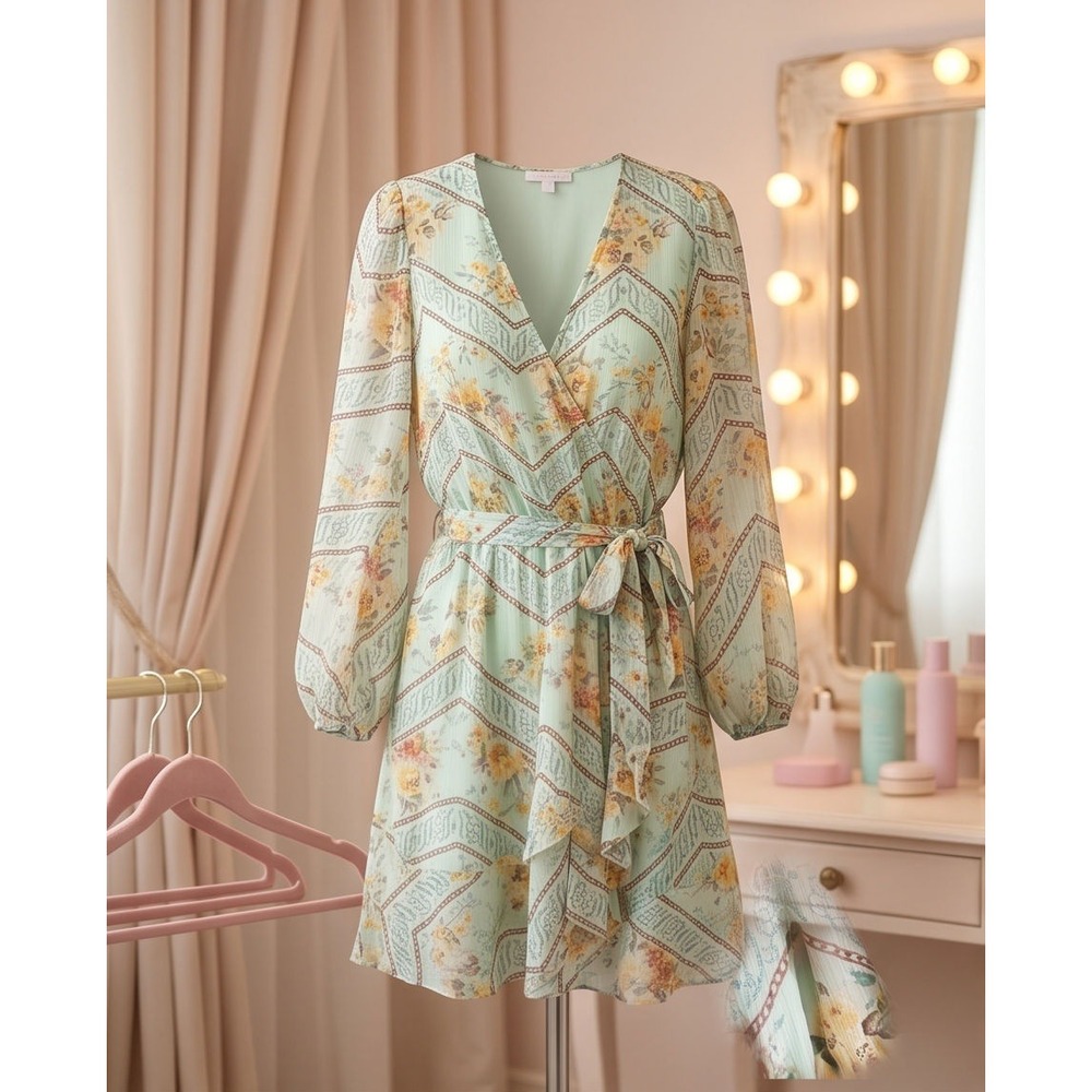 LC Lauren Conrad M Mint Floral Chevron Lurex Wrap Mini Dress Medium Flirty